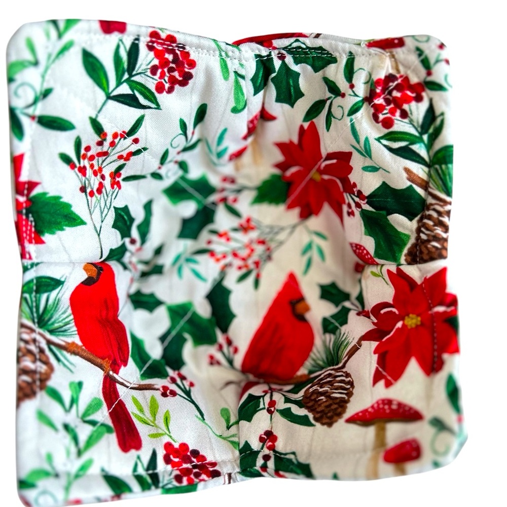 HAND CRAFTED Colorful Cotton Fabric Red Cardinals Fabric Trinket Basket Bowl